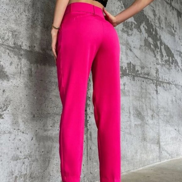 Hot Pink Belted Classic business chicf Tapered Pants - Picture 5 of 8